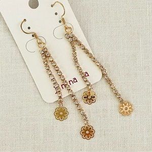 Dangling Gold Flowers and Rhinestone Earrings New from Jin Na La Lightweight